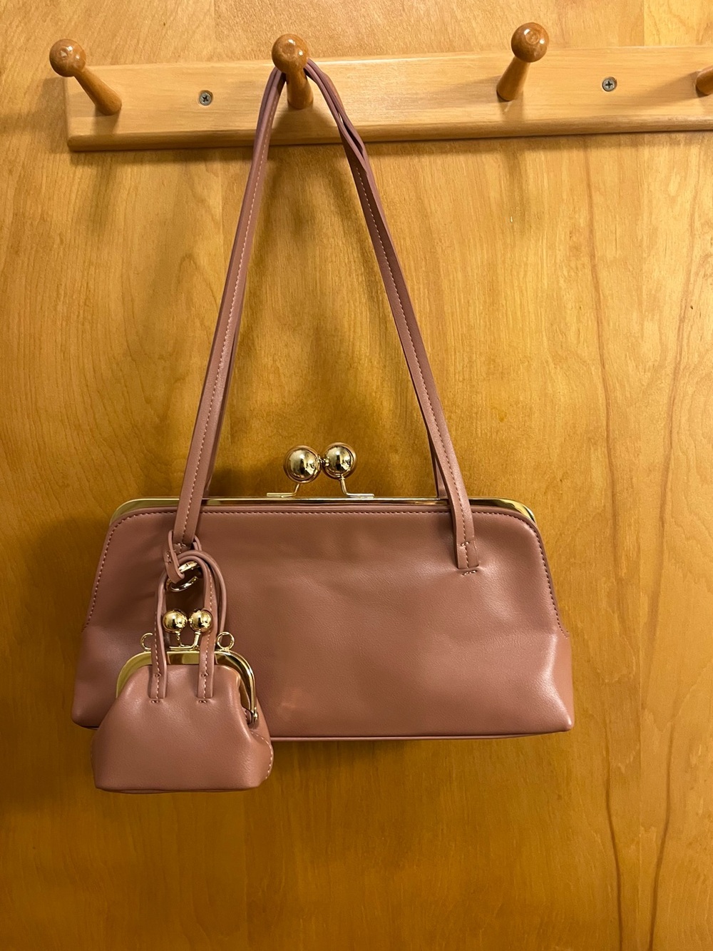 Anthropologie Rose Brown Leather Frame Shoulder Bag with Mini Coin Purse